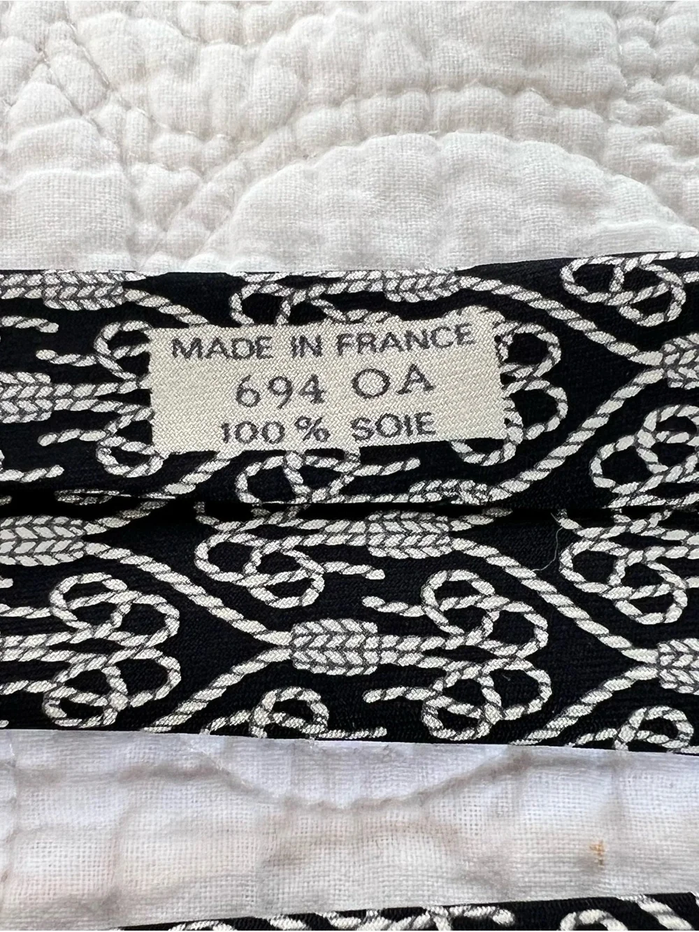 Vintage Hermes Silk Tie 694 OA Black White Equestrian Rope Knot Motif France